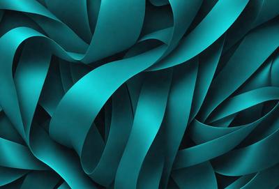 The primary subject of the image is a large, blue, curly ribbon. The ribbon is the main object, scene, or focus of the image. The setting or background is a blue surface, which could be a wall or a background for the ribbon. The visual style of the image is a close-up of the blue ribbon, showcasing its texture and details. The dominant colors in the image are blue and turquoise, creating a calm and soothing atmosphere.