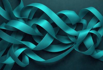 The primary subject of the image is a blue, curly ribbon. The ribbon is winding around itself, creating a complex pattern. The setting is a dark blue background, which contrasts with the bright blue ribbon. The visual style is a close-up of the ribbon, showcasing its intricate design. The colors and mood of the image are predominantly blue, giving it a calm and serene atmosphere.