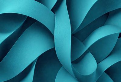 The primary subject of the image is a blue, curly ribbon. The ribbon is wavy and appears to be made of leather. The setting is a blue background, which complements the blue ribbon. The visual style is a close-up of the ribbon, showcasing its texture and details. The colors and mood of the image are predominantly blue, creating a calm and serene atmosphere.