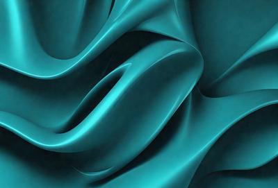 The primary subject of the image is a blue, flowing, and curling fabric. The setting is a dark background, which contrasts with the vibrant blue fabric. The visual style is a close-up of the fabric, showcasing its texture and pattern. The colors and mood of the image are predominantly blue, creating a sense of calmness and tranquility.
