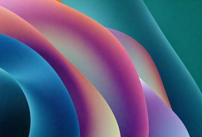 The primary subject of the image is a colorful, abstract artwork featuring a series of curved lines in various colors. The setting is a blue background, which contrasts with the vibrant colors of the artwork. The visual style appears to be a combination of digital art and illustration, creating a dynamic and eye-catching pattern. The dominant colors in the artwork are purple, pink, and blue, giving the piece a lively and cheerful atmosphere.