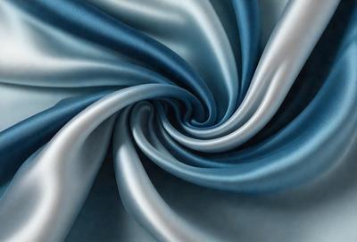 The primary subject of the image is a blue fabric, which appears to be a piece of silk. The setting is a room with a blue background, and the visual style is a digital art or illustration. The dominant colors are blue and silver, creating a calm and serene atmosphere.