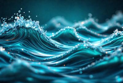 The primary subject of the image is a wave in the ocean. The wave is blue and has a sparkling effect, likely due to the presence of bubbles. The setting is the ocean, with the wave being the main focus of the image. The visual style appears to be a combination of a photo and digital art, as the wave has a unique and artistic appearance. The dominant colors are blue and sparkling, creating a serene and calming atmosphere.