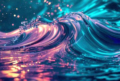 The primary subject of the image is a wave in the ocean. The wave is colorful, with a mix of pink, blue, and purple hues. The setting is the ocean, with the wave crashing on the surface. The visual style of the image is a combination of photo and digital art, creating a unique and vibrant representation of the ocean wave. The colors and mood of the image are lively and energetic, capturing the dynamic nature of the ocean wave.