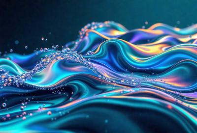 The primary subject of the image is a blue and purple ocean wave. The setting is a blue ocean, and the visual style is a digital art or illustration. The dominant colors are blue and purple, creating a serene and calming atmosphere.