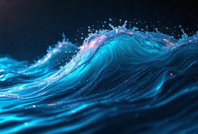 The primary subject of the image is a wave in the ocean. The wave is blue and has a foamy texture, giving it a unique and visually appealing appearance. The setting is the ocean, with the wave breaking and creating a dynamic scene. The visual style of the image is a combination of photo and digital art, creating a realistic yet artistic representation of the ocean wave. The dominant colors are blue and white, with the blue wave and white foam creating a serene and calming atmosphere.