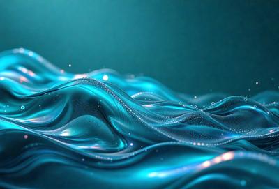 The primary subject of the image is a blue wave with a white and blue pattern. The setting is a blue ocean, and the visual style is a digital art or illustration. The dominant colors are blue and white, creating a calm and serene atmosphere.