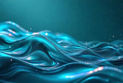 The primary subject of the image is a blue wave with a white and blue pattern. The setting is a blue background, and the visual style appears to be a digital art or illustration. The dominant colors are blue and white, creating a calm and serene atmosphere.