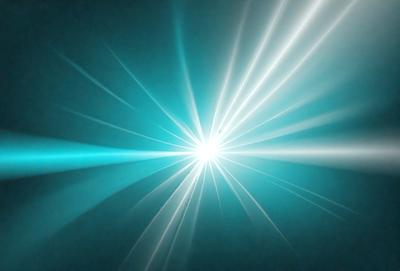 The primary subject of the image is a bright light source, possibly a light bulb or a laser, emitting a beam of light. The light source is located in the center of the image, and its rays are spreading outwards, creating a visually striking scene. The setting is a dark background, which contrasts with the bright light source, emphasizing its intensity. The visual style of the image is a combination of photo and digital art, as it captures the light source's rays in a realistic manner