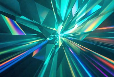 The primary subject of the image is a close-up of a blue crystal, possibly a piece of glass or a gemstone. The setting is a dark background, which contrasts with the bright blue color of the crystal. The visual style appears to be a digital art or illustration, as the image is composed of multiple layers of blue and green colors. The overall atmosphere of the image is vibrant and captivating, with the blue crystal being the focal point of the scene.