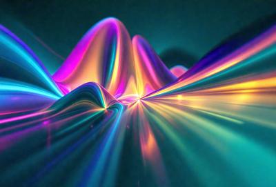 The primary subject of the image is a colorful, abstract mountain range. The setting is a dark blue background, which contrasts with the vibrant colors of the mountain range. The visual style is a combination of digital art and illustration, creating a unique and eye-catching scene. The dominant colors are a mix of blue, purple, pink, and yellow, giving the image a lively and energetic atmosphere.