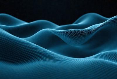 The primary subject of the image is a blue, wavy surface that resembles a wave or a ripple. The setting is a dark background, which contrasts with the blue surface. The visual style is digital art, as the surface appears to be a digital representation of a wave or ripple. The colors and mood are predominantly blue, creating a calm and serene atmosphere.