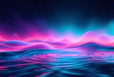 The primary subject of the image is a large, colorful, and swirling vortex in a dark blue ocean. The setting is a vast, open body of water, with the vortex being the main focus of the scene. The visual style of the image is a combination of photo and digital art, creating a vibrant and dynamic atmosphere. The dominant colors in the image are blue and purple, with the swirling vortex adding a sense of motion and energy to the scene.