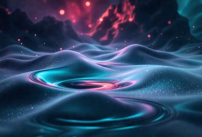 The primary subject of the image is a swirling, blue, and purple ocean with a red center. The setting is a dark, space-like environment, which adds to the overall mood of the scene. The visual style of the image is a combination of digital art and illustration, creating a unique and captivating atmosphere. The dominant colors in the image are blue, purple, and red, with the red center standing out against the dark background.