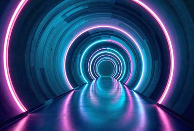The primary subject of the image is a tunnel with a blue and purple lighting effect. The tunnel appears to be a part of a futuristic setting, possibly a space station or a high-tech facility. The lighting creates a visually striking and unique atmosphere, making the tunnel stand out as the main focus of the image.
