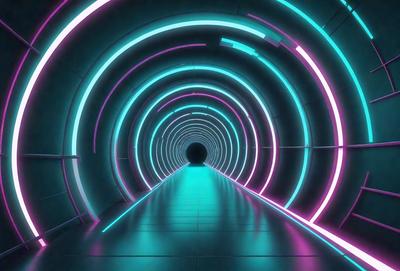 The primary subject of the image is a tunnel with a blue and purple lighting effect. The tunnel appears to be a part of a futuristic setting, possibly a space station or a high-tech facility. The visual style of the image is a combination of photo and digital art, creating a unique and captivating atmosphere. The dominant colors in the image are blue and purple, which contribute to the futuristic and otherworldly mood of the scene.