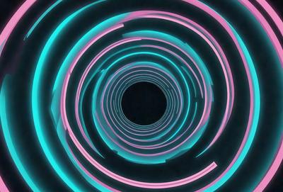 The primary subject of the image is a tunnel or a large, curved passage with a black hole in the center. The tunnel is illuminated by a bright, colorful light, creating a vibrant and dynamic atmosphere. The setting is a dark, enclosed space, and the visual style appears to be a combination of digital art and illustration. The colors and mood convey a sense of depth, intrigue, and wonder.