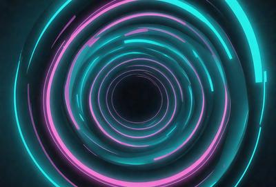 The primary subject of the image is a large, colorful, and swirling tunnel. The tunnel is illuminated with a combination of pink, blue, and green neon lights, creating a vibrant and dynamic atmosphere. The setting is a dark background, which contrasts with the bright colors of the tunnel. The visual style of the image is a digital art or illustration, showcasing the artist's creativity and skill in designing the tunnel. The colors and mood of the image are energetic