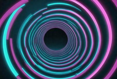 The primary subject of the image is a large, brightly lit tunnel with a spiral shape. The tunnel is illuminated by a combination of purple and pink neon lights, creating a vibrant and visually striking scene. The setting is a dark background, which contrasts with the bright tunnel, emphasizing the tunnel's unique and captivating appearance. The visual style of the image is a digital art or illustration, showcasing the artist's creativity and skill in designing the spiral tunnel