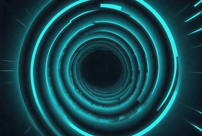 The primary subject of the image is a spiral staircase with a blue lighting effect. The setting is a dark room, and the visual style appears to be a digital art or illustration. The dominant colors are blue and black, creating a moody and mysterious atmosphere.