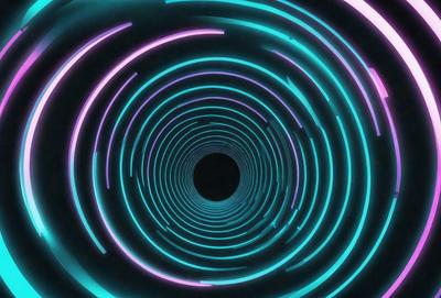 The primary subject of the image is a tunnel-like structure with a black hole in the center. The tunnel is illuminated by a bright, colorful light, creating a vibrant and dynamic scene. The setting is a dark, enclosed space, and the visual style appears to be a combination of a photo and digital art. The colors and mood of the image are predominantly blue and purple, giving it a futuristic and surreal atmosphere.