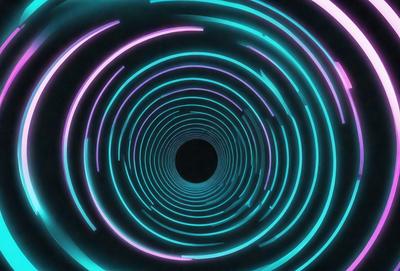 The primary subject of the image is a tunnel-like structure with a black hole in the center. The tunnel is illuminated by a bright, colorful light, creating a vibrant and dynamic scene. The setting is a dark background, which contrasts with the bright light and adds to the visual impact of the image. The visual style appears to be a combination of digital art and illustration, with the tunnel and light creating a unique and captivating pattern. The colors and mood of the image are predominantly bright and