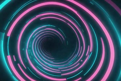 The primary subject of the image is a spiral-shaped tunnel with a brightly colored, neon-like appearance. The tunnel is filled with a variety of colors, including pink, blue, and green, creating a vibrant and visually striking scene. The setting is a dark background, which contrasts with the bright colors of the spiral tunnel. The visual style of the image is a combination of digital art and illustration, giving it a unique and eye-catching appearance. The overall atmosphere of the image is