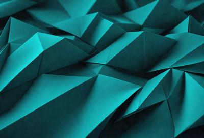 The primary subject of the image is a blue paper cutout of a mountain. The setting is a blue background, which creates a striking contrast with the paper cutout. The visual style is a combination of digital art and illustration, as the paper cutout is intricately designed and crafted. The dominant colors are blue and green, giving the image a calm and serene atmosphere.