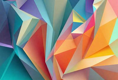The primary subject of the image is a colorful, geometric pattern. The setting is a blue background, and the visual style appears to be a combination of digital art and illustration. The dominant colors in the image are blue, orange, and yellow, creating a vibrant and lively atmosphere.