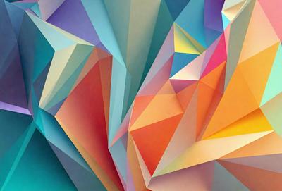 The primary subject of the image is a colorful, geometric pattern. The setting is a blue background, and the visual style appears to be a combination of digital art and illustration. The dominant colors in the image are blue, orange, and yellow, creating a vibrant and lively atmosphere.
