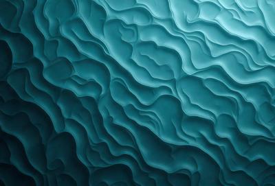 The primary subject of the image is a blue, textured surface that resembles a water surface. The setting is a large body of water, and the visual style is a combination of a photo and digital art. The colors and mood of the image are predominantly blue, creating a serene and calming atmosphere.
