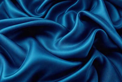 The primary subject of the image is a blue fabric, which appears to be a piece of silk. The setting is a close-up of the fabric, showcasing its texture and pattern. The visual style is a detailed, up-close view of the fabric, emphasizing its intricate design. The colors and mood of the image are predominantly blue, creating a calm and serene atmosphere.
