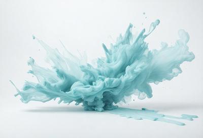The primary subject of the image is a blue, swirling, and splashing liquid, which appears to be a mix of water and paint. The setting is a white background, which provides a clean and uncluttered environment for the artwork. The visual style of the image is a combination of digital art and illustration, as it showcases the liquid's movement and the artist's creativity. The dominant colors in the image are blue and white, creating a sense of calmness and tranquility.