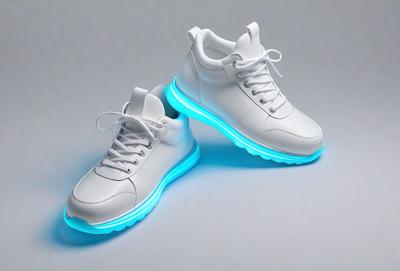 The primary subject of the image is a pair of white shoes with blue lights on the bottom. The shoes are placed on a gray surface, which serves as the setting or background. The visual style of the image is a photo, capturing the details of the shoes and their illuminated bottoms. The colors and mood of the image are predominantly white and blue, creating a clean and modern appearance.