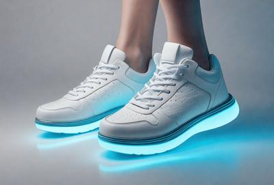 The primary subject of the image is a pair of white sneakers with blue lights on the bottom. The setting is a white background, which provides a clean and minimalist appearance. The visual style is a digital art, as the sneakers are depicted in a stylized manner. The colors and mood of the image are predominantly white and blue, creating a sense of cleanliness and modernity.
