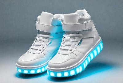 The primary subject of the image is a pair of white sneakers with blue lights on the bottom. The sneakers are placed on a blue surface, which adds to the overall mood of the scene. The visual style of the image is a close-up of the sneakers, showcasing the details of the design and the blue lights. The colors and mood of the image are predominantly blue, with the sneakers being the main focus and the blue surface providing a contrasting backdrop.