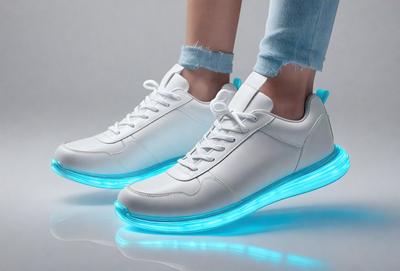 The primary subject of the image is a pair of white sneakers with blue lights. The setting is a white background, which provides a clean and minimalist appearance. The visual style is a digital art, as the sneakers are depicted with a blue glow, giving them a futuristic and modern look. The colors and mood of the image are predominantly white and blue, creating a sense of cleanliness and simplicity.