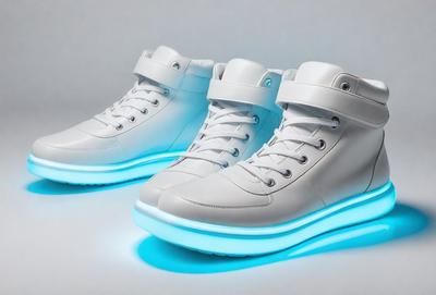 The primary subject of the image is a pair of white sneakers with blue lights on the bottom. The setting is a white background, which provides a clean and minimalist appearance. The visual style is a photo, capturing the details of the sneakers and their illuminated bottoms. The colors and mood of the image are predominantly white and blue, creating a sense of cleanliness and modernity.