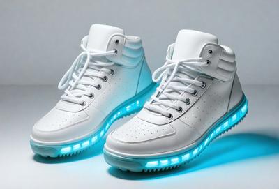 The primary subject of the image is a pair of white sneakers with blue lights on the bottom. The setting is a white background, which provides a clean and minimalist look. The visual style is a close-up of the sneakers, showcasing the details and colors. The colors and mood of the image are predominantly white and blue, creating a sense of cleanliness and modernity.