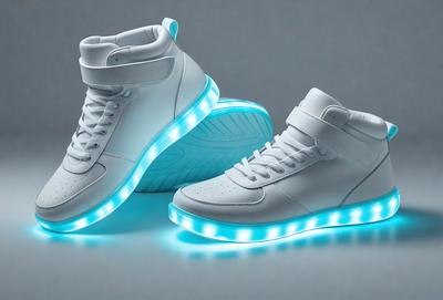 The primary subject of the image is a pair of white sneakers with blue lights on the bottom. The setting is a gray background, which provides a clean and minimalistic look. The visual style is a digital art, as the sneakers are depicted with a glowing effect, giving them a futuristic and modern appearance. The colors and mood of the image are predominantly blue and white, creating a sense of cleanliness and sophistication.