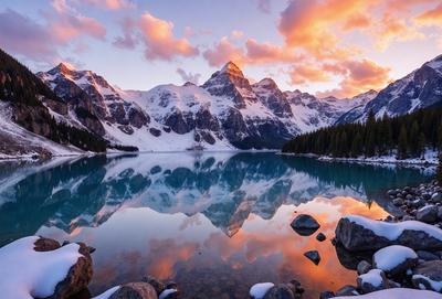 The primary subject of the image is a beautiful mountain range with snow-capped peaks, reflecting in a large body of water. The setting is a serene, natural environment with the mountains towering over the lake. The visual style is a realistic, natural landscape, with the colors and mood being dominated by the cool, blue hues of the water and the snowy, white peaks of the mountains.