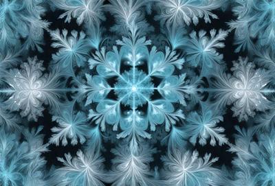The primary subject of the image is a blue and white snowflake pattern. The setting is a black and white background, which contrasts with the snowflake pattern. The visual style is a digital art or illustration, creating a unique and eye-catching design. The dominant colors are blue and white, giving the image a cool and refreshing atmosphere.