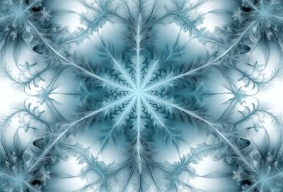 The primary subject of the image is a large, intricate snowflake pattern. The setting is a blue background, which adds to the overall visual style. The image is a digital art or illustration, showcasing the artist's skill in creating a detailed and captivating design. The dominant colors are blue and white, giving the image a calm and serene atmosphere.