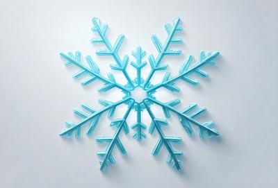 The primary subject of the image is a blue snowflake. The setting is a white wall, and the visual style is a digital art or illustration. The dominant colors are blue and white, creating a calm and serene atmosphere.