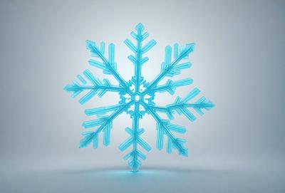 The primary subject of the image is a large, blue, plastic snowflake. The setting is a white background, which provides a clean and uncluttered environment for the snowflake to stand out. The visual style is a digital art or illustration, as the snowflake is a three-dimensional, intricate design. The dominant colors are blue and white, creating a cool and serene atmosphere.