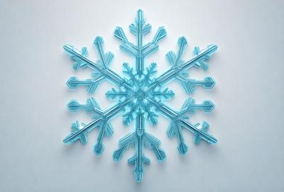 The primary subject of the image is a large, blue, glass snowflake. The setting is a white background, which provides a clean and minimalistic environment for the snowflake. The visual style is a combination of digital art and illustration, as the snowflake is made of glass and appears to be a three-dimensional object. The colors and mood of the image are predominantly blue, giving it a cool and serene atmosphere.