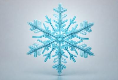 The primary subject of the image is a large, blue, plastic snowflake. The snowflake is the main object, scene, or focus of the image. The setting is a white background, which provides a clean and uncluttered environment for the snowflake. The visual style is digital art, as the snowflake is a digital creation. The colors and mood of the image are predominantly blue, giving it a cool and serene atmosphere.