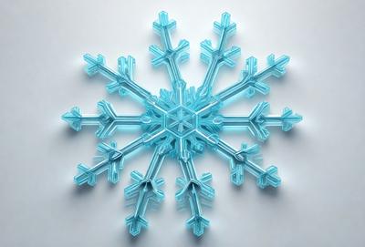 The primary subject of the image is a large, blue, plastic snowflake. The setting is a white background, which provides a clean and uncluttered environment for the snowflake to stand out. The visual style is a combination of digital art and illustration, as the snowflake is created using a computer-generated design. The dominant colors are blue and white, giving the image a cool and refreshing atmosphere.