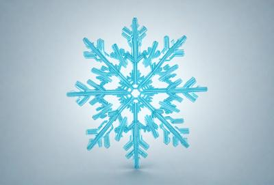 The primary subject of the image is a large, blue, snowflake-shaped ornament. The setting is a white background, which provides a clean and minimalist appearance. The visual style is a digital art, as the ornament is depicted in a 3D digital format. The dominant colors are blue and white, creating a calm and serene atmosphere.
