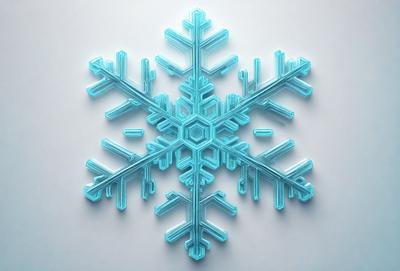The primary subject of the image is a large, intricately designed blue snowflake. The setting is a white background, which provides a clean and minimalist appearance. The visual style is a combination of digital art and illustration, creating a unique and eye-catching design. The dominant colors are blue and white, giving the image a cool and refreshing atmosphere.